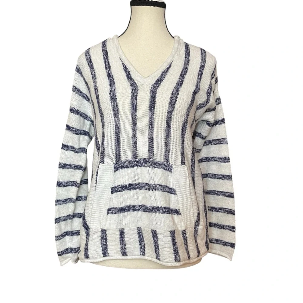 Michael Stars Baja Hoodie Sweater Wht Navy Stripe Kangaroo Pocket Beach Pullover - Picture 2 of 11